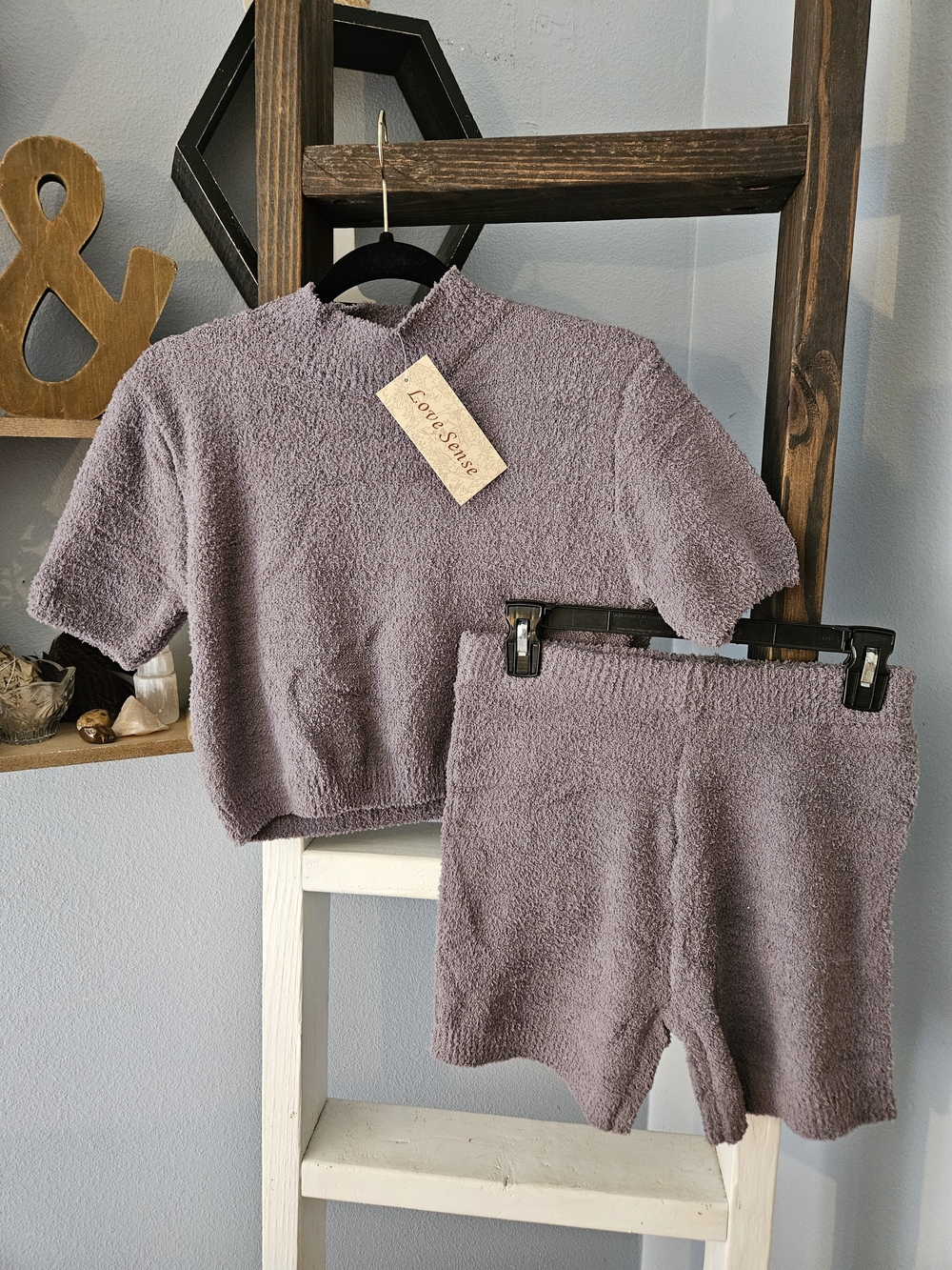 NWT Soft Knit Lounge Set Grey Crop Mock Neck Top & Shorts Size Large